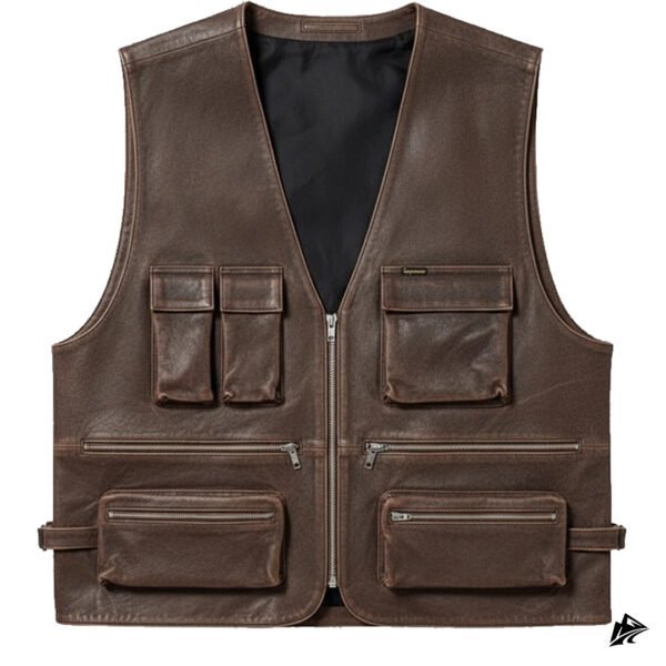 Men's brown leather biker vest with zipper pockets