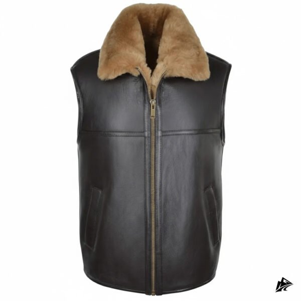 Black leather motorcycle vest with shearling collar
