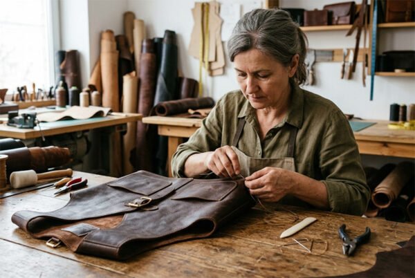 Finished leather vest being inspected